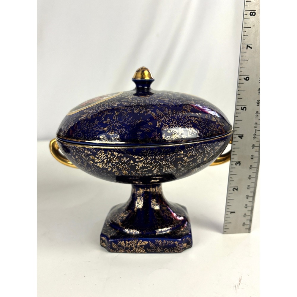 Vintage Cobalt‎ Blue Footed Covered Candy Dish Pair Gold Floral Japan - Picture 6 of 16
